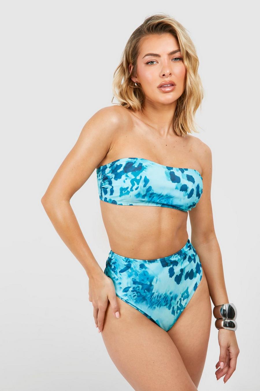 Bikini à imprimé abstrait avec haut bandeau et bas taille haute, Blue image number 1