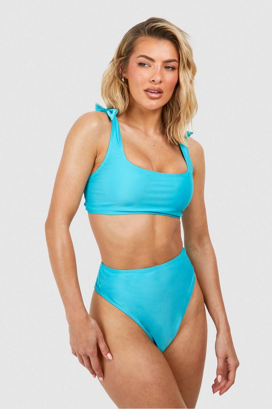 Turquoise Tie Shoulder High Waisted Bikini Set image number 1