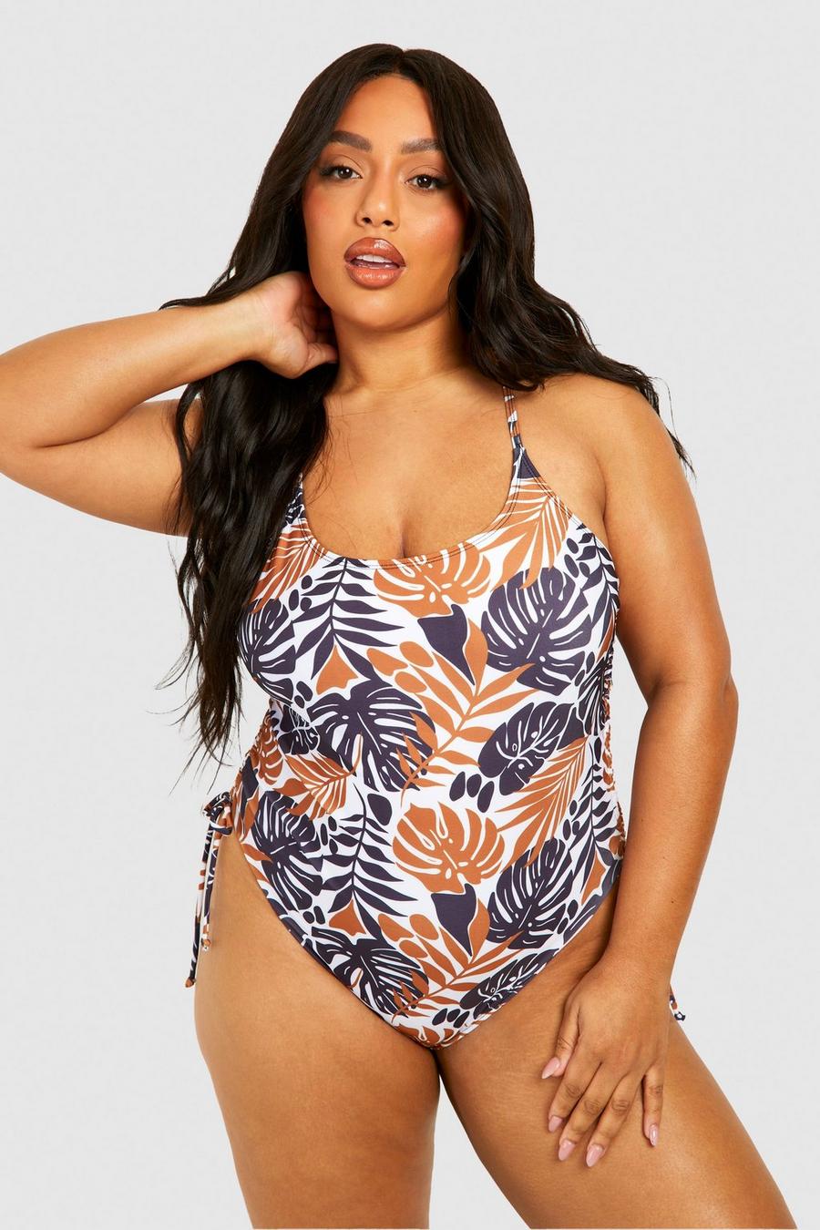 Black Plus Tropical Ruched Sides Swimsuit image number 1