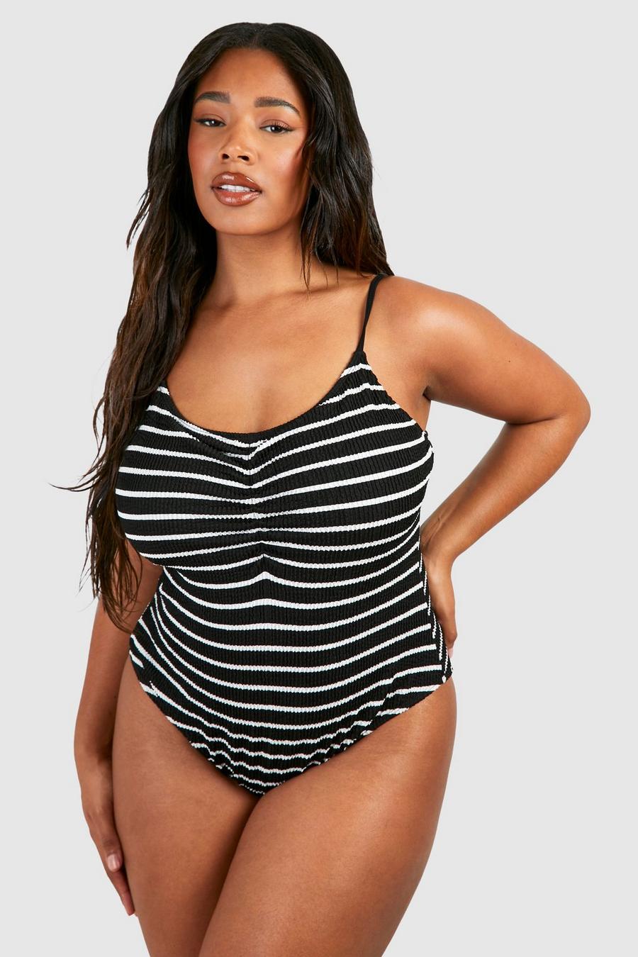 Black Plus Crinkle Stripe Ruched Detail Swimsuit
