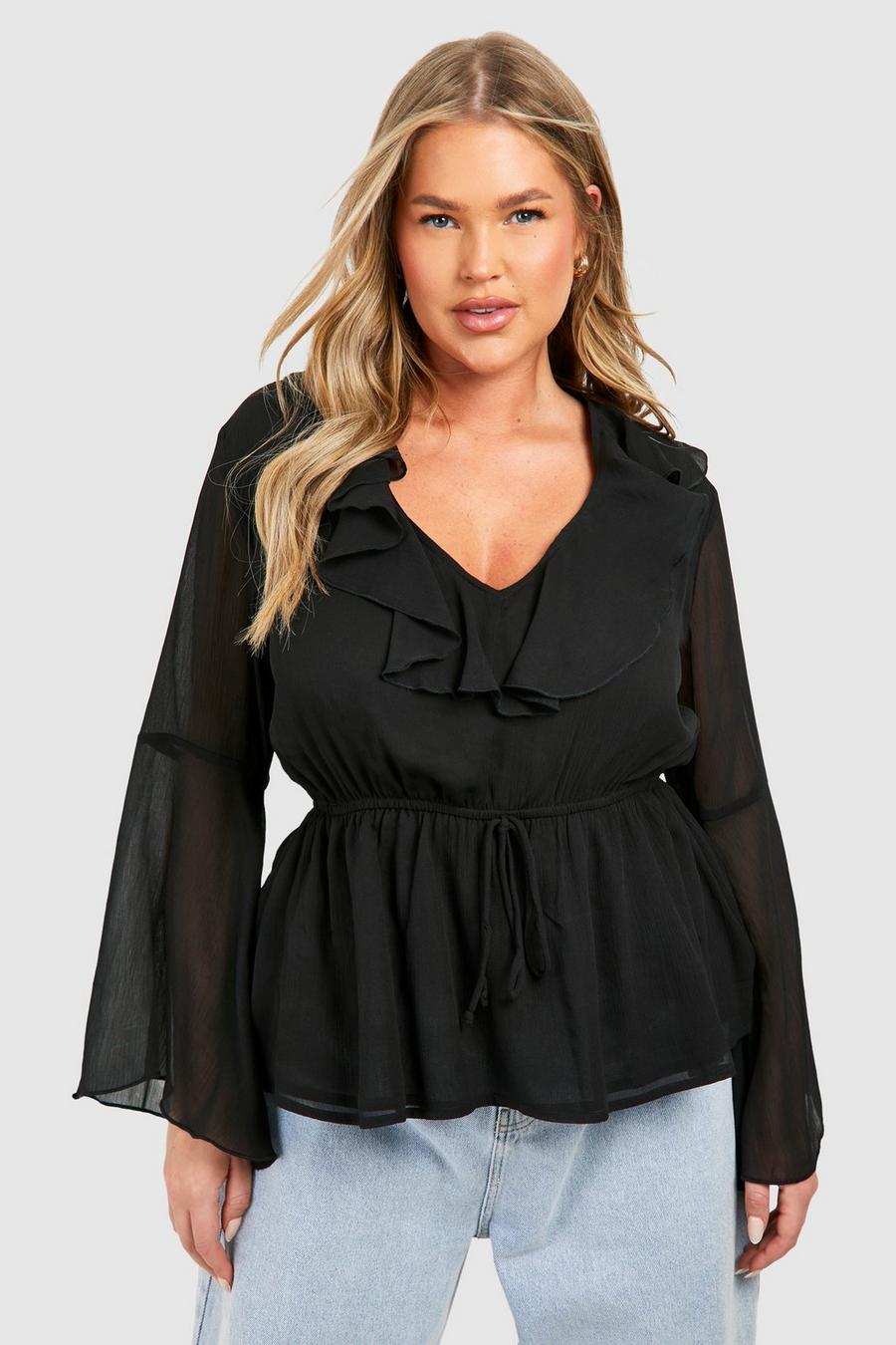 Black Plus Ruffle Front Flare Sleeve Smock Top