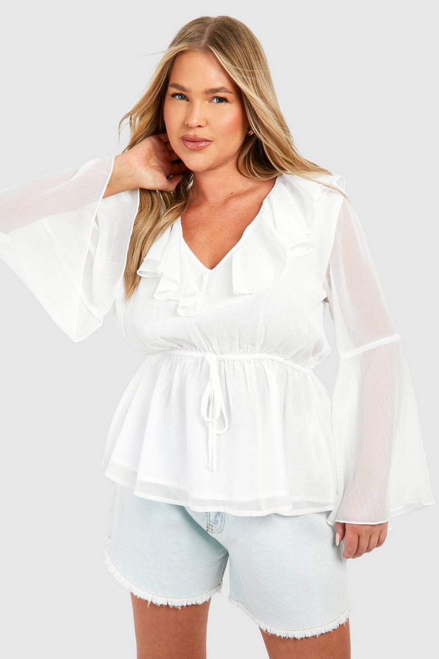 White Plus Ruffle Front Flare Sleeve Smock Top