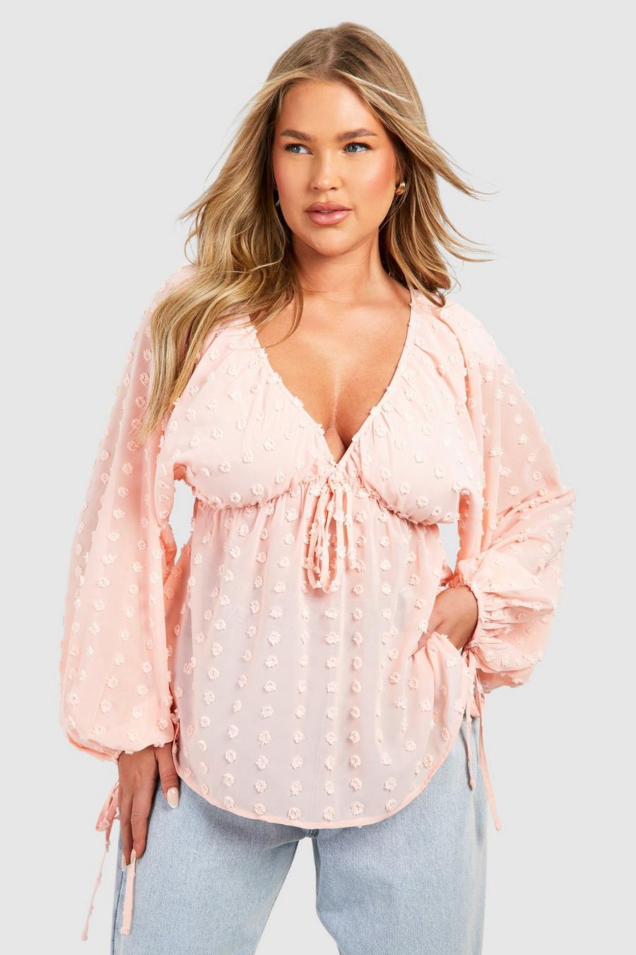 Blush Plus Large Dobby Tie Front Smock Top