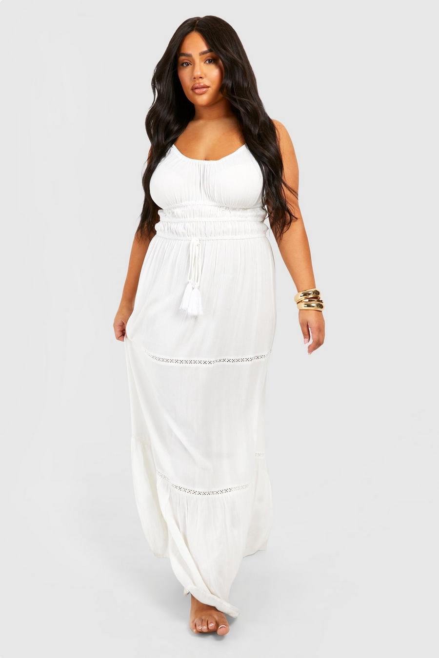 Grande taille - Robe longue de plage texturée à pompons, White