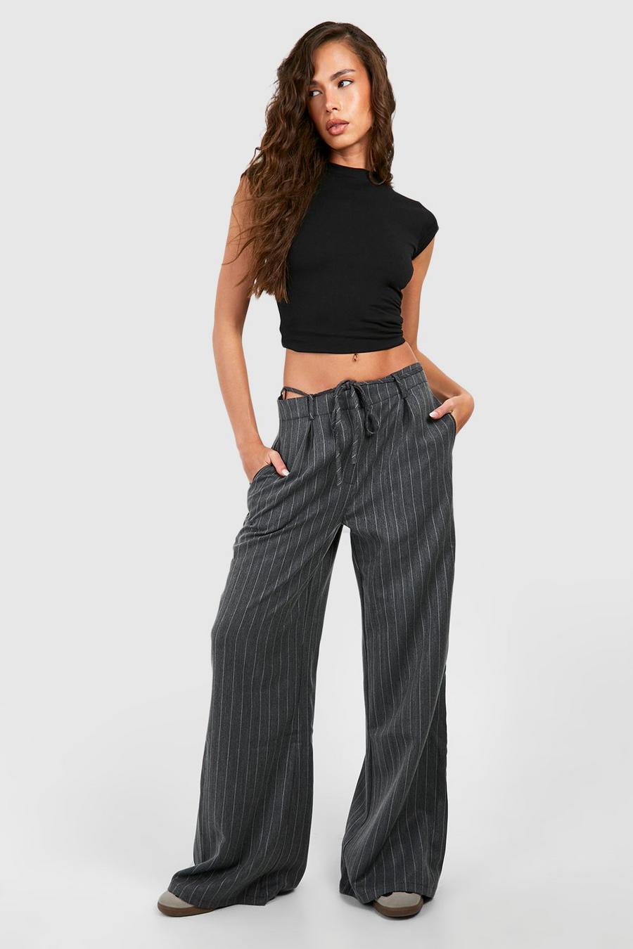 Charcoal Pinstripe Tie Waist Tailored Wide Leg Trousers
