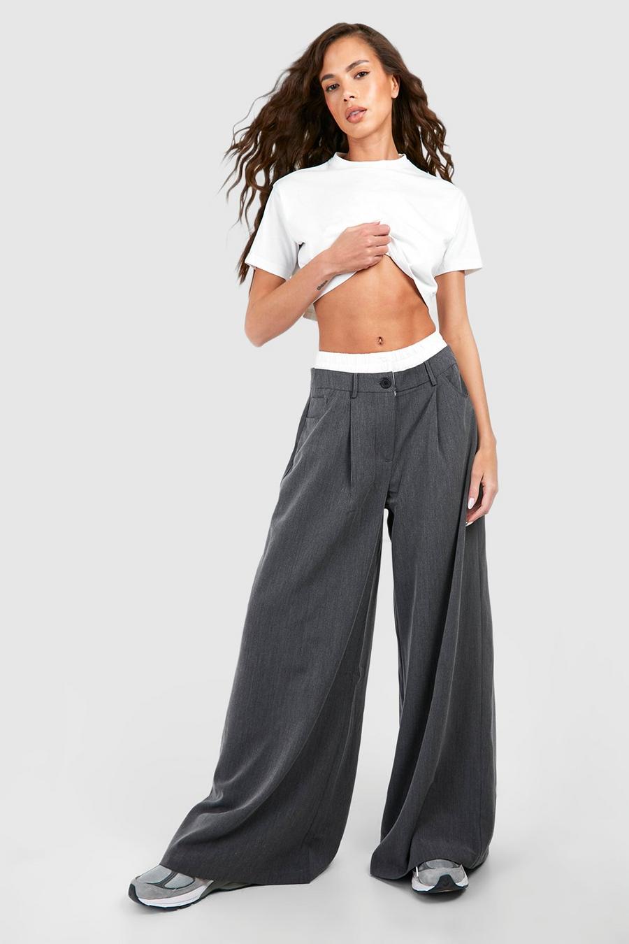 Charcoal Contrast Waistband Detail Wide Leg Trouser 