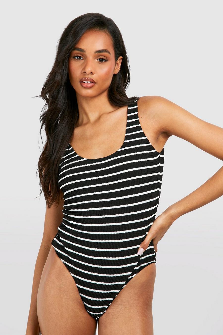 Black Tall Crinke Stripe Scoop Swimsuit  image number 1