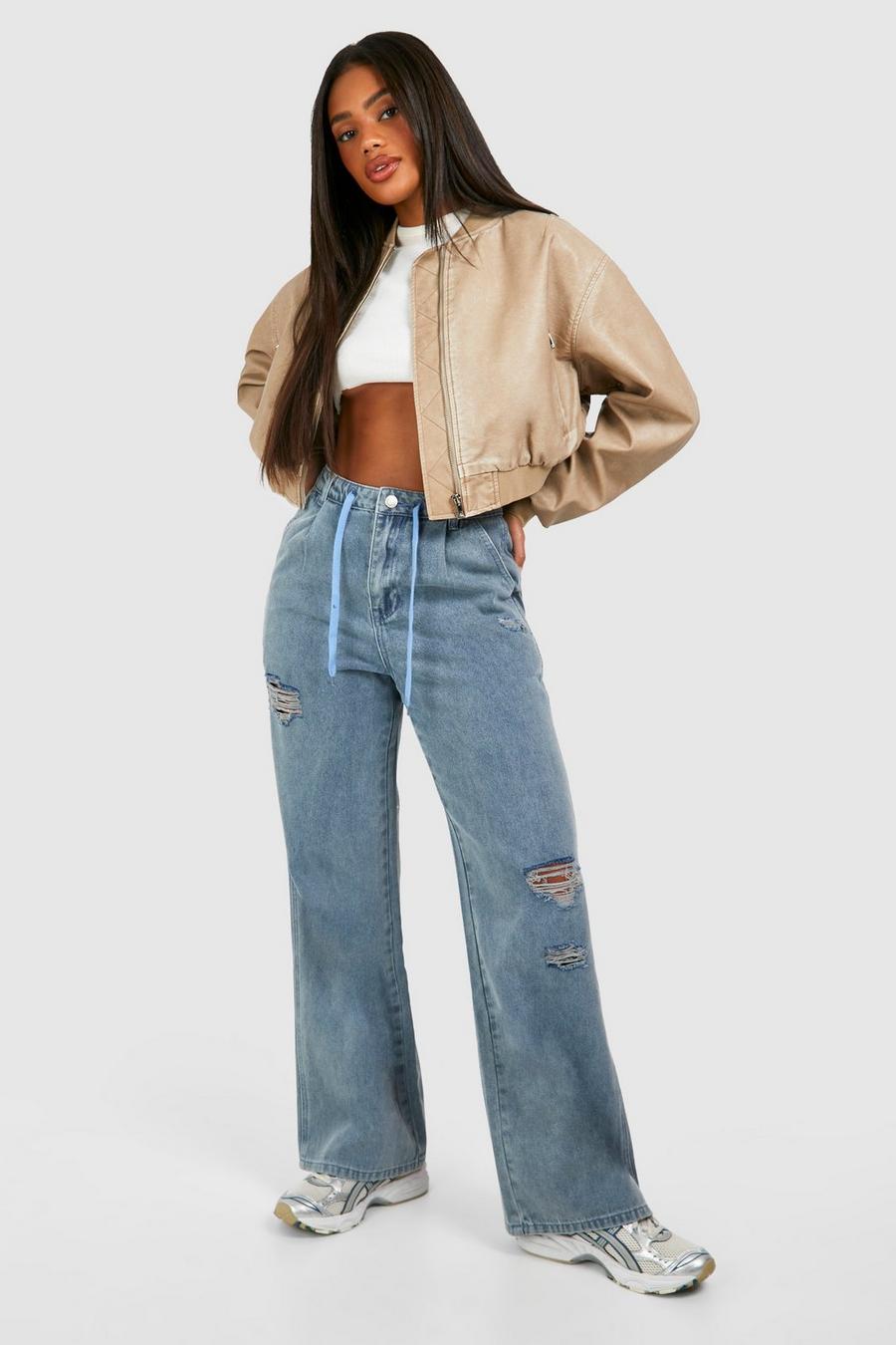 Blue Pleated Waist Drawstring Ripped Jeans image number 1