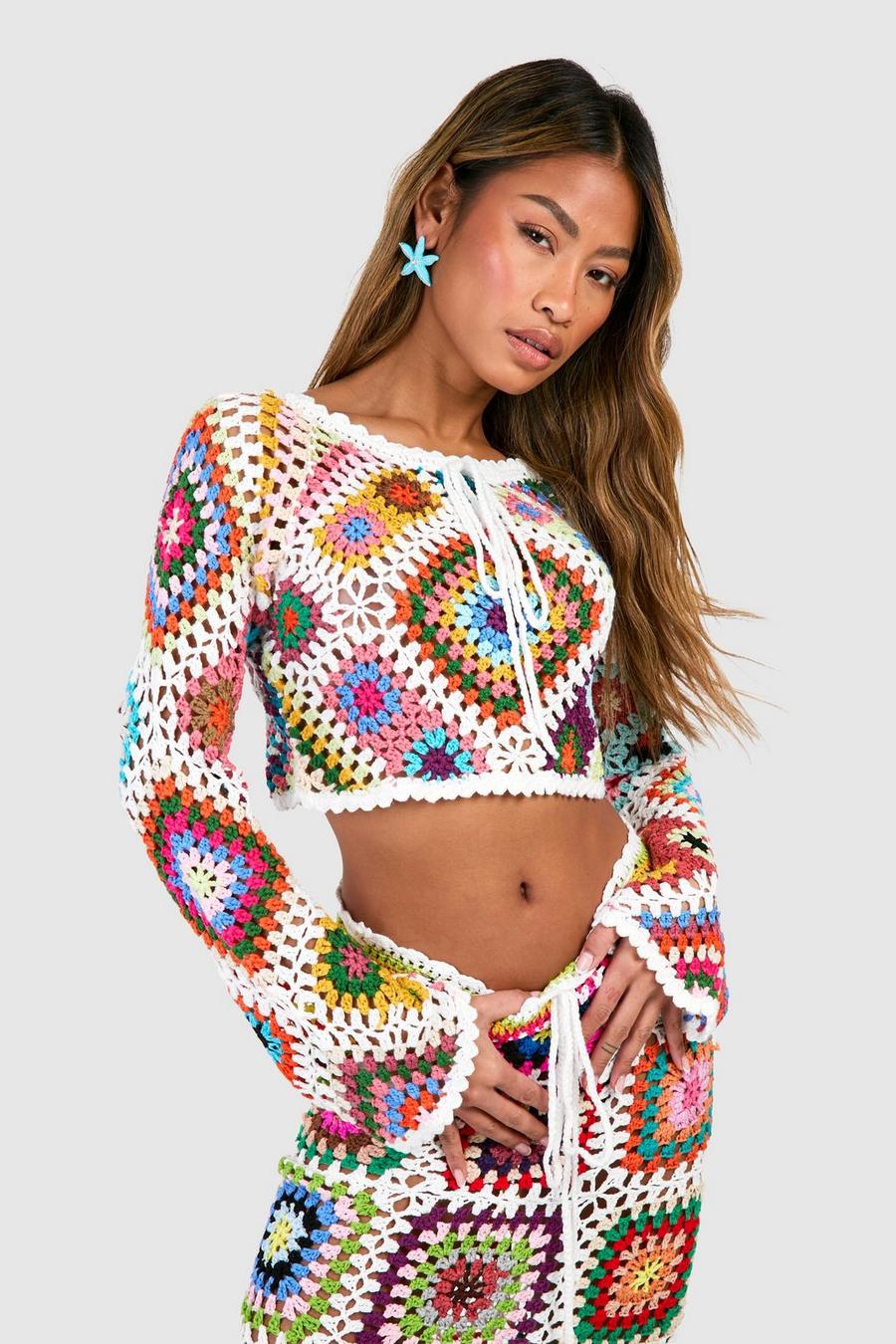White Premium Patchwork Crochet Long Sleeve Top image number 1