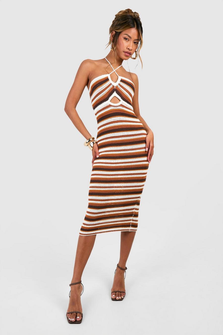 Chocolate Tonal Stripe Crochet Halterneck Dress image number 1