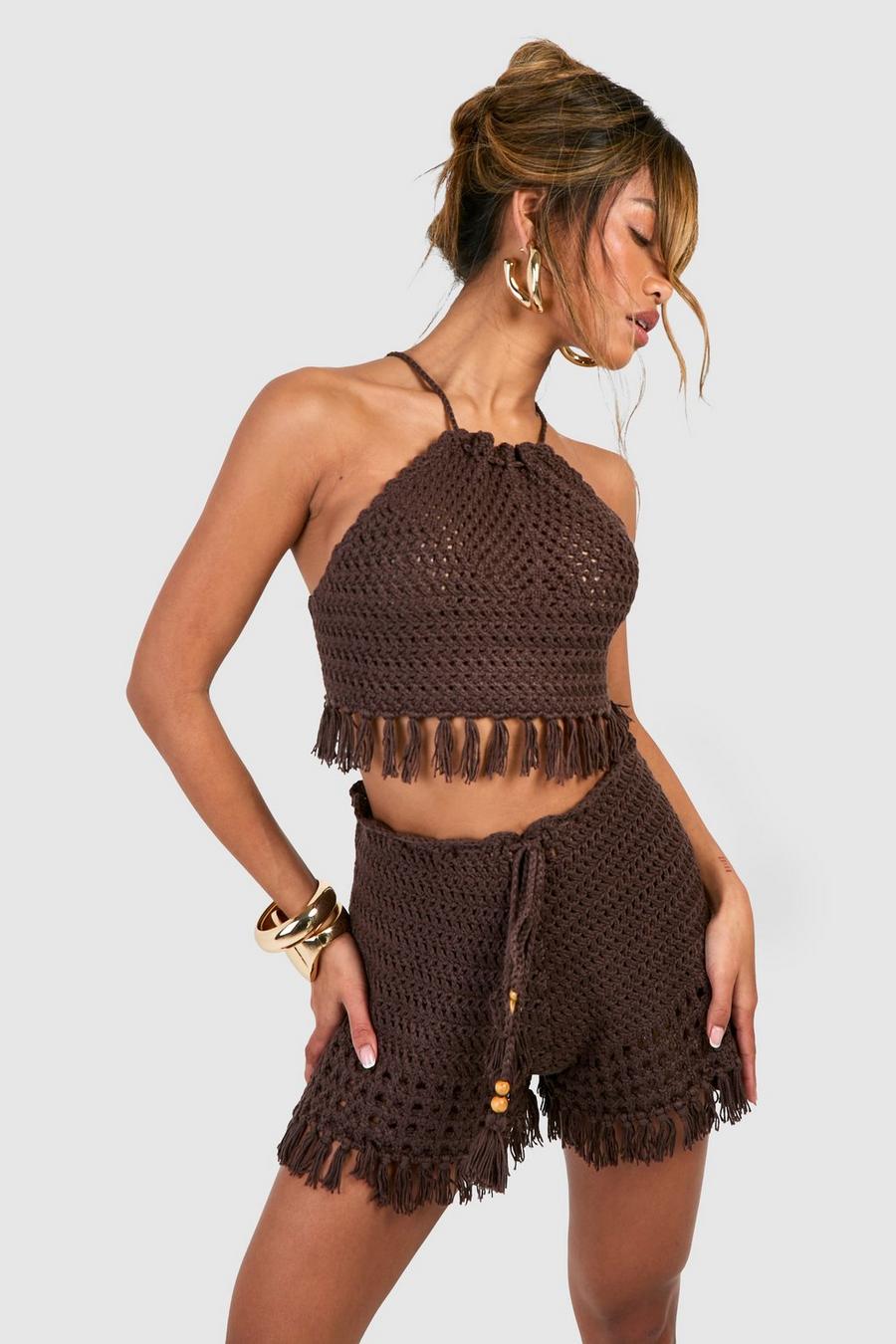Chocolate Premium Crochet Tassel Shorts & Halterneck Top Set 