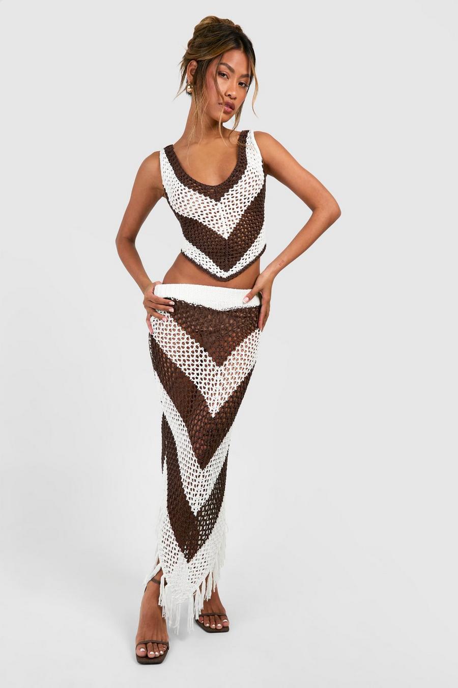 Chocolate Premium Crochet Stripe Top & Tassel Skirt Set