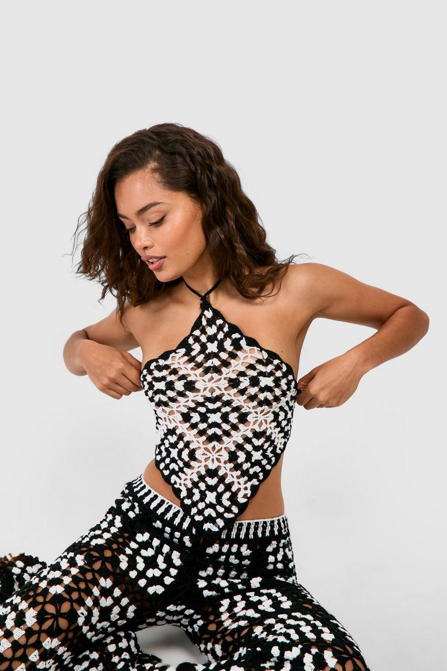 Black Premium Patchwork Monochrome Crochet Halter Top