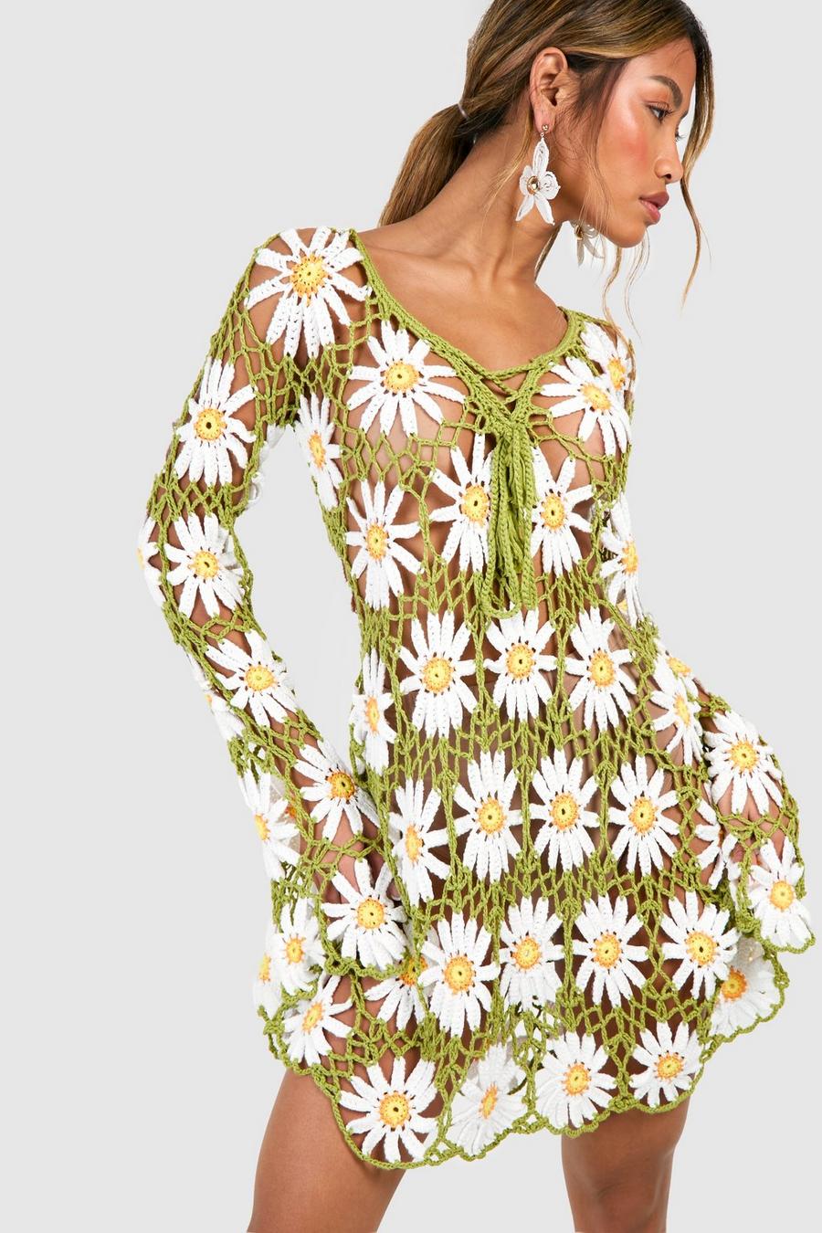 Vestido mini de croché Premium con flores, Khaki