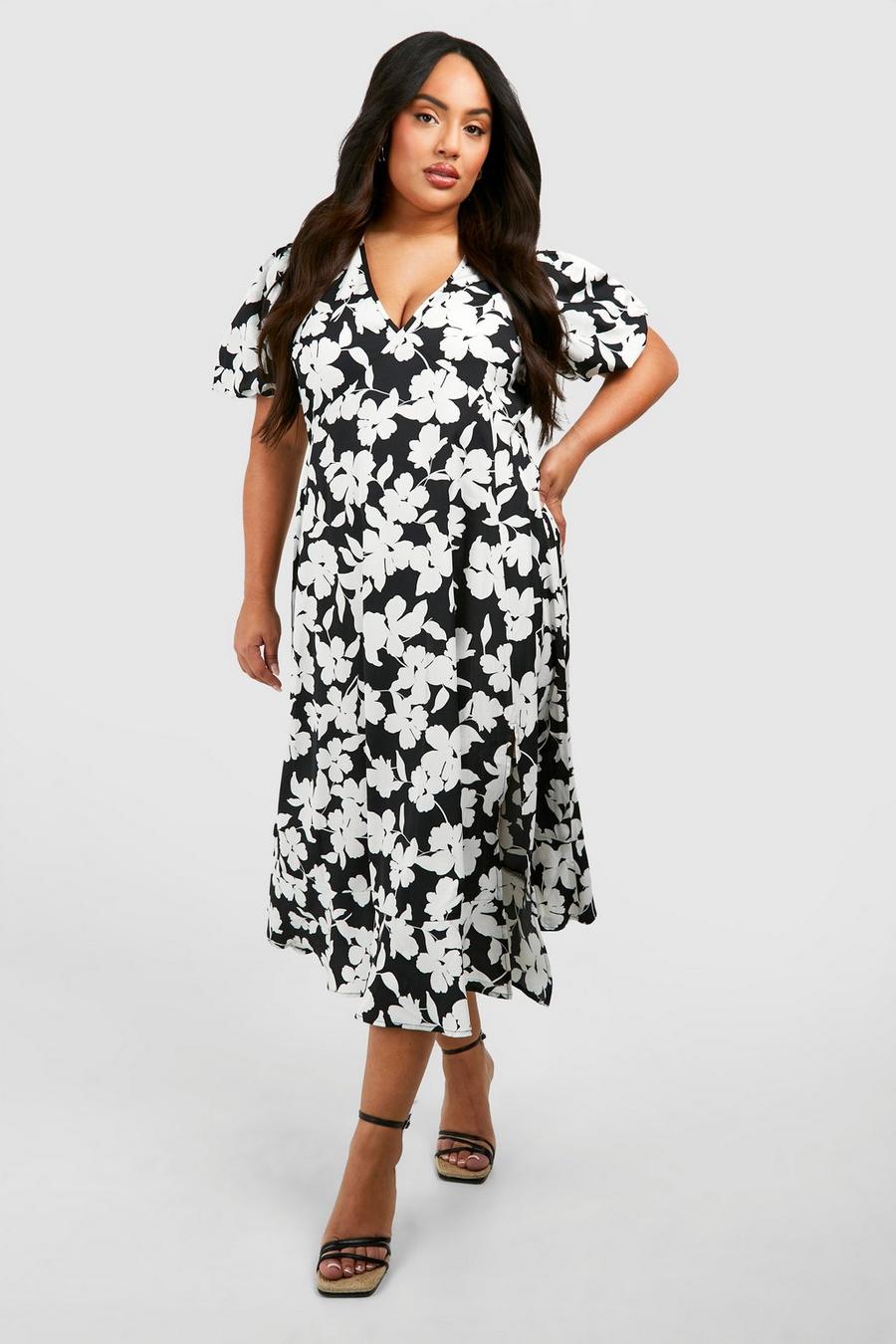 Grande taille - Robe mi-longue fleurie, Black