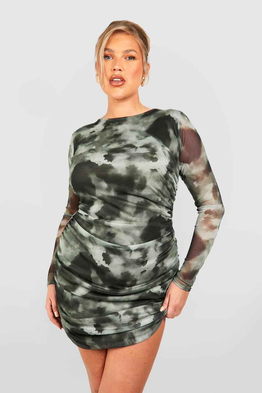 Khaki Plus Printed Ruched Bodycon Dress image number 1