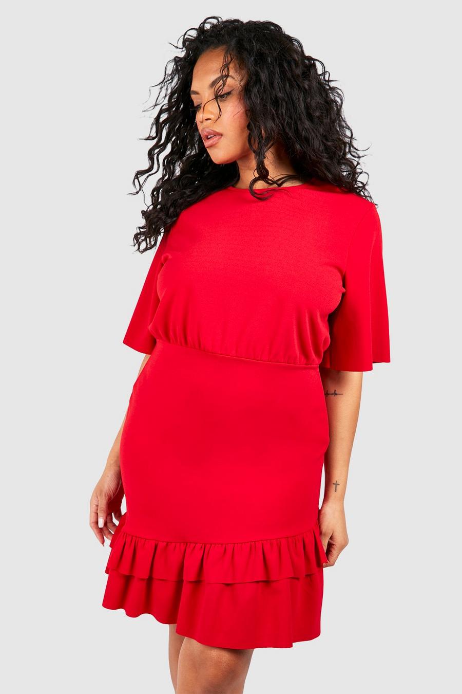 Red Plus Angel Sleeve Ruffle Hem Shift Dress