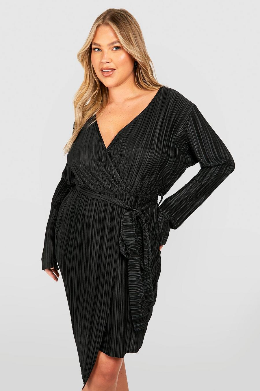 Black Plus Plisse Wrap Mini Dress