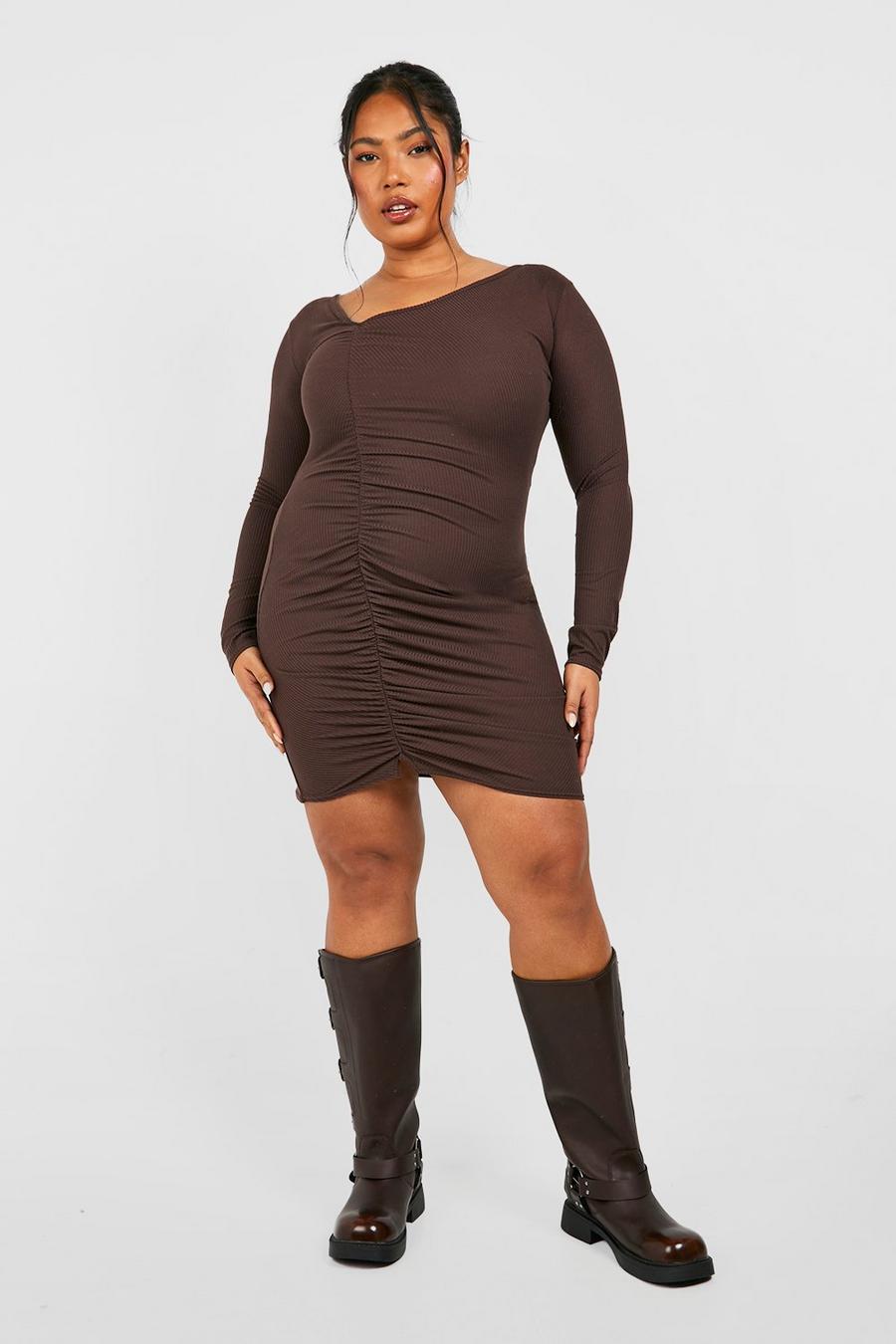Chocolate Plus Soft Rib Ruched Asymmetric Neck Bodycon Dress  image number 1