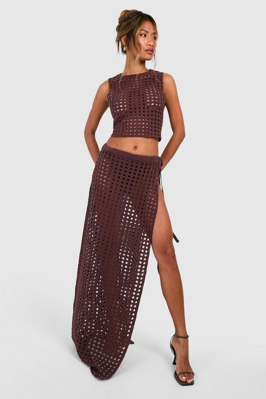 Chocolate Thigh Split Crochet Maxi Skirt 