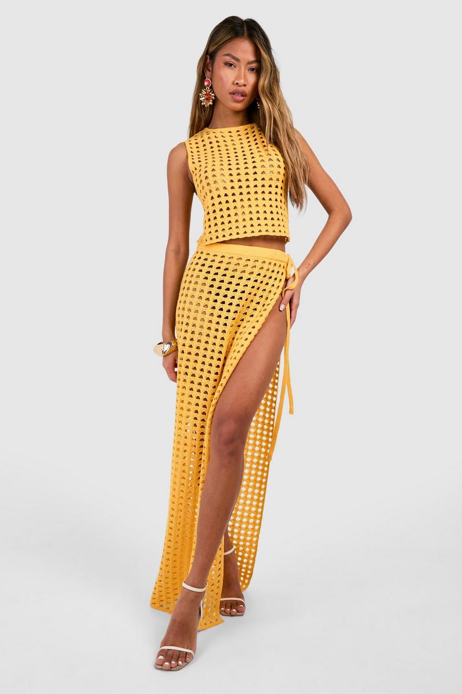Gold Thigh Split Crochet Maxi Skirt 