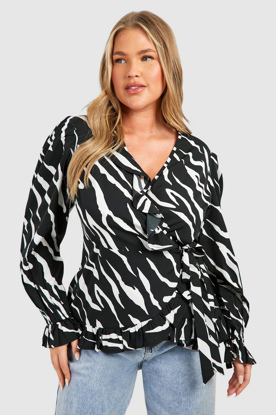 Black Plus Ruffle Zebra Wrap Top