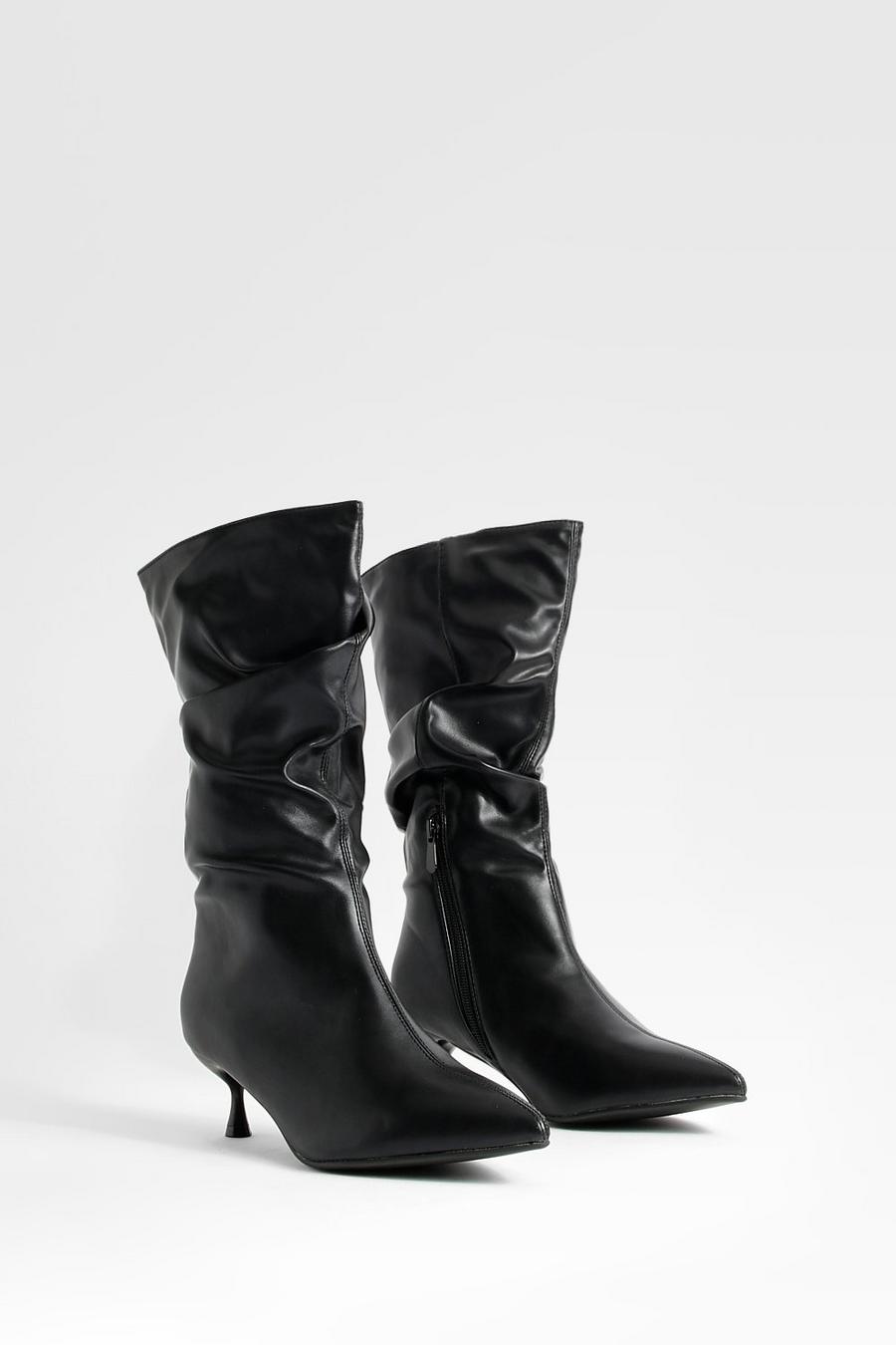 Black Wide Width Ruched Low Heel Knee High Boots
