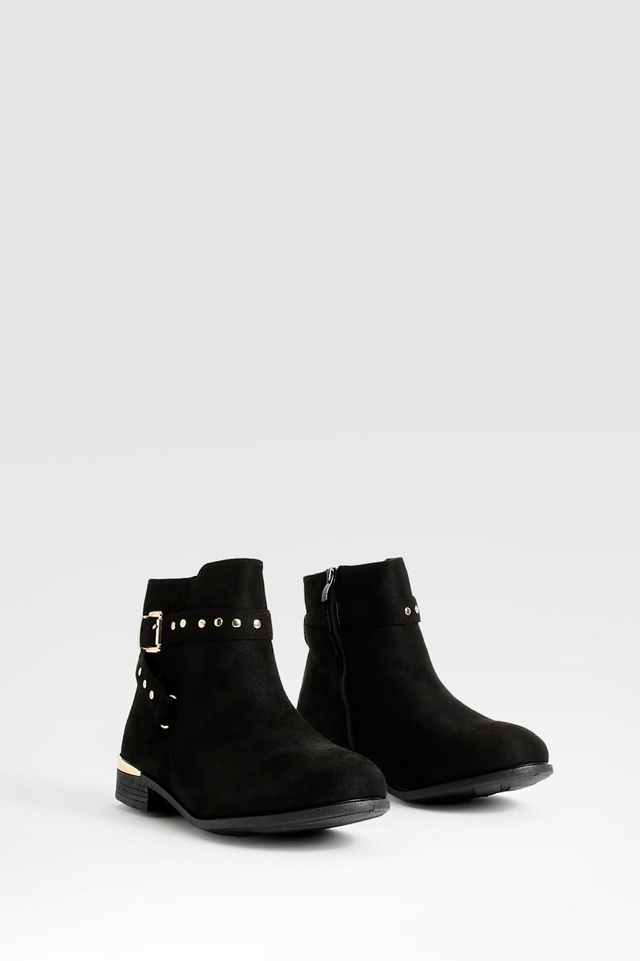 Wide Width Black Buckle Detail Patent Micro Ankle Boot
