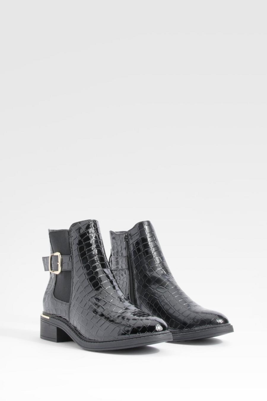Black Wide Width Buckle Detail Patent Ankle Boot