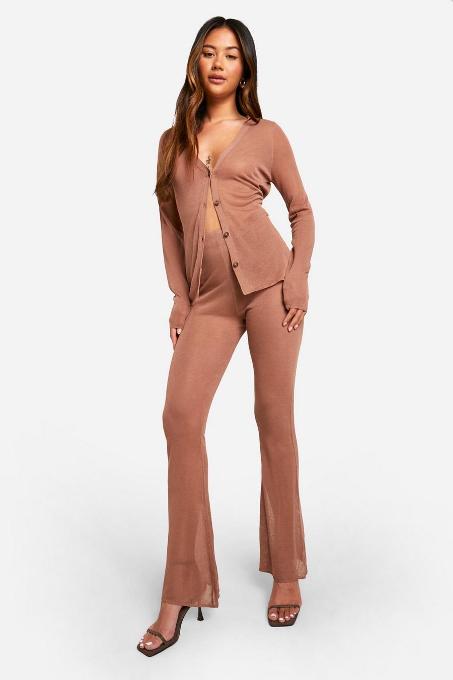 Camel Sheer Fine Knitted Shirt And Flared Pants Set