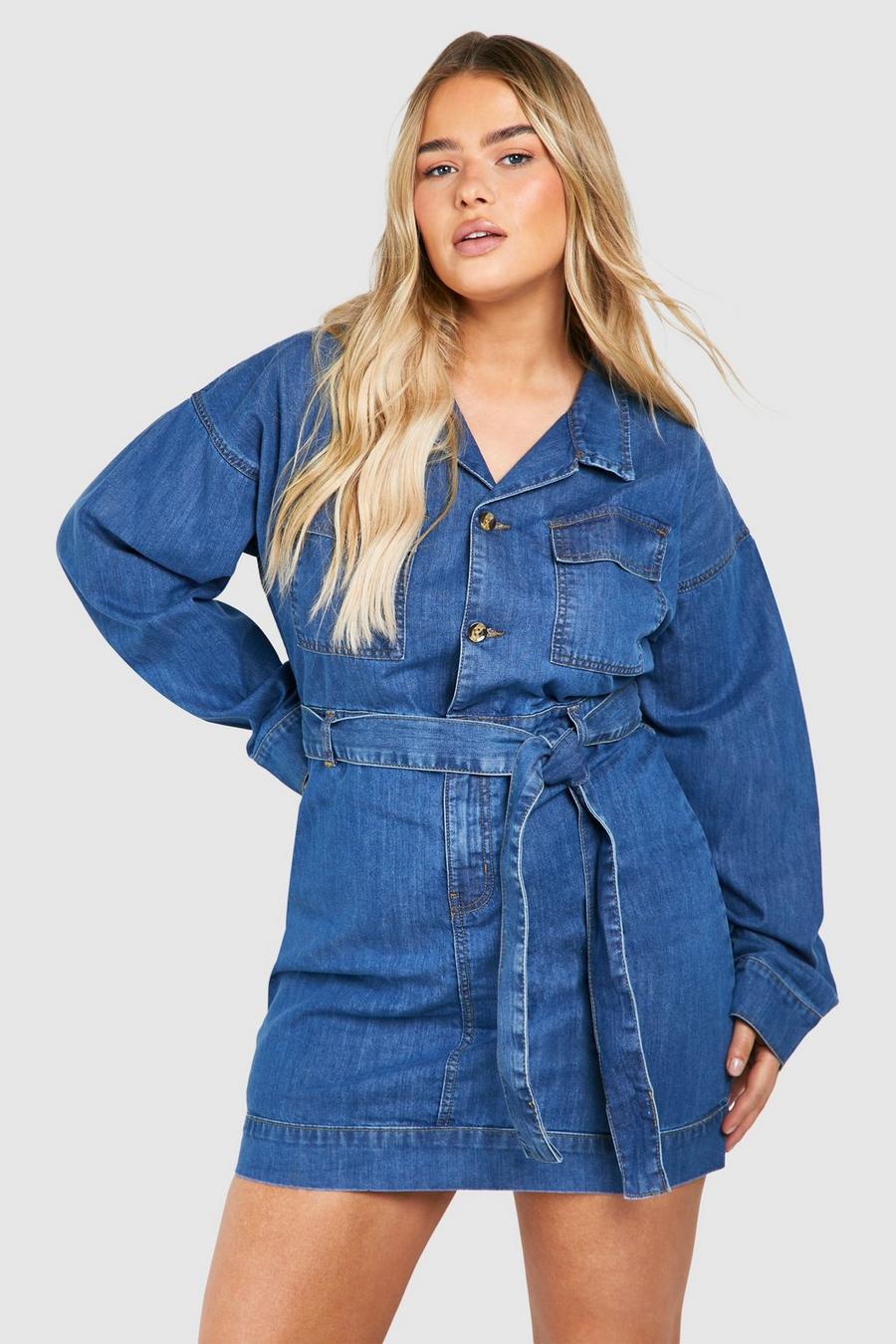 Vestito Plus Size in denim a maniche lunghe con fascia allacciata in vita, Mid blue