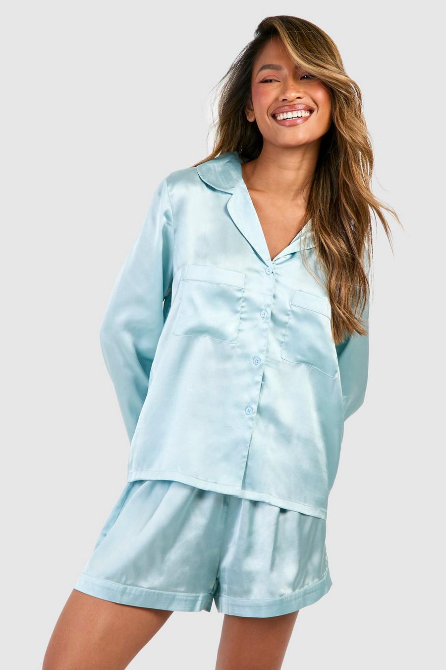 Langärmliges kurzes Pyjama-Set mit doppelten Taschen, Sage image number 1
