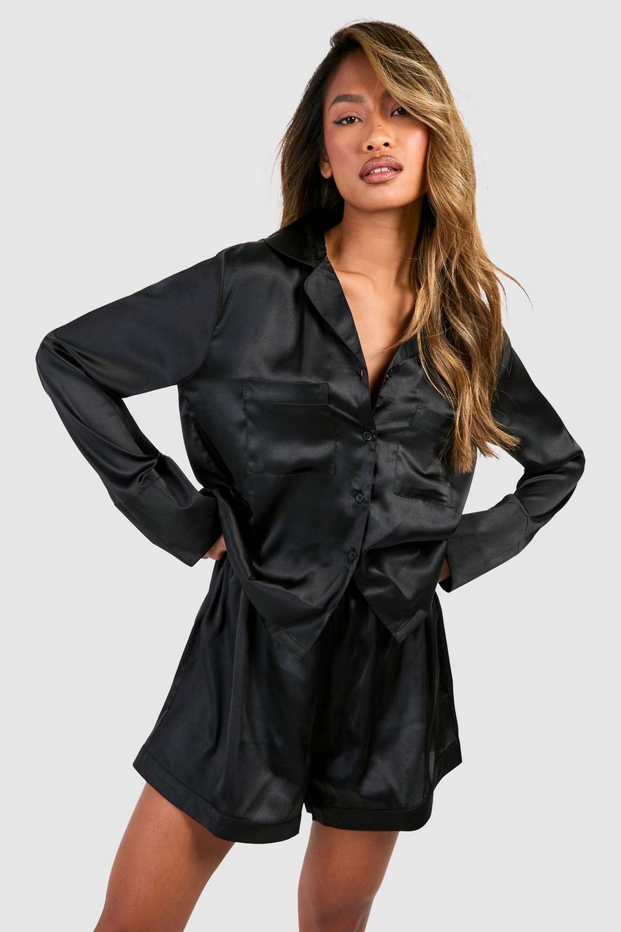 Langärmliges kurzes Pyjama-Set mit doppelten Taschen, Black image number 1