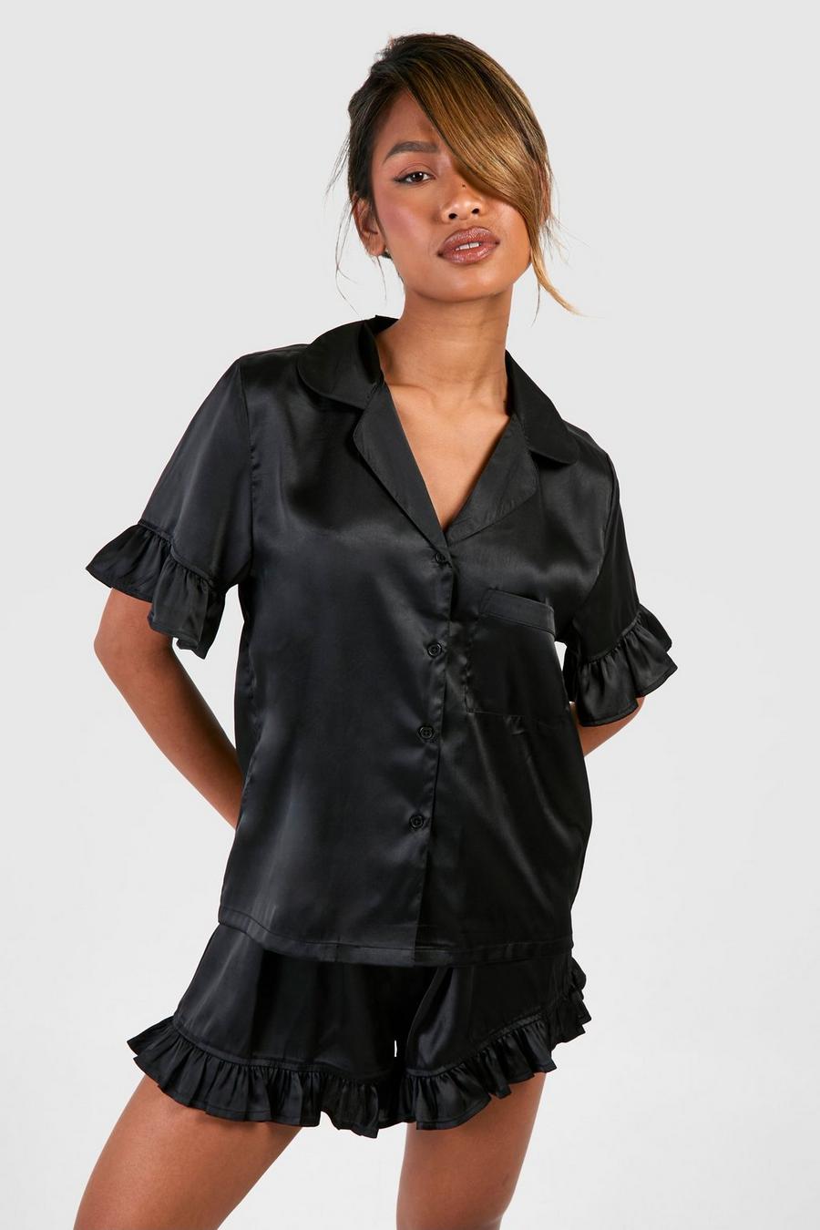Black Ruffle Detail Short Pajama Set