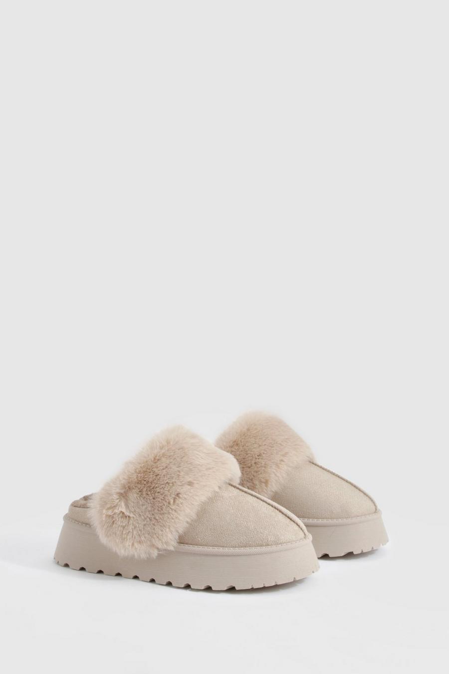 Taupe Fur Lined Platform Cosy Mules 