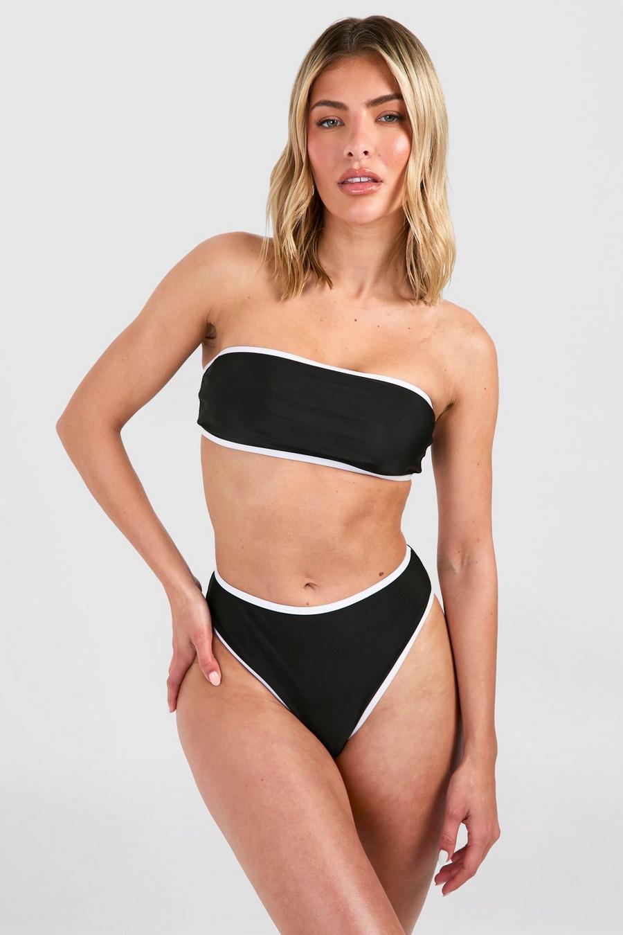 Bikini mit hohem Bund und Kontrast-Detail, Black