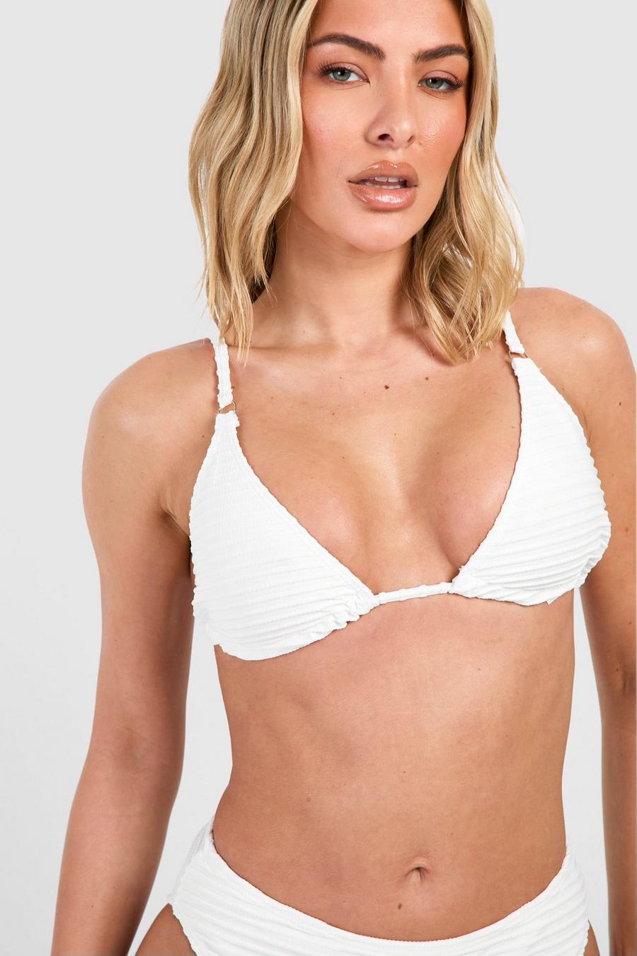 White Textured Stripe O-rings Triangle Bikini Top