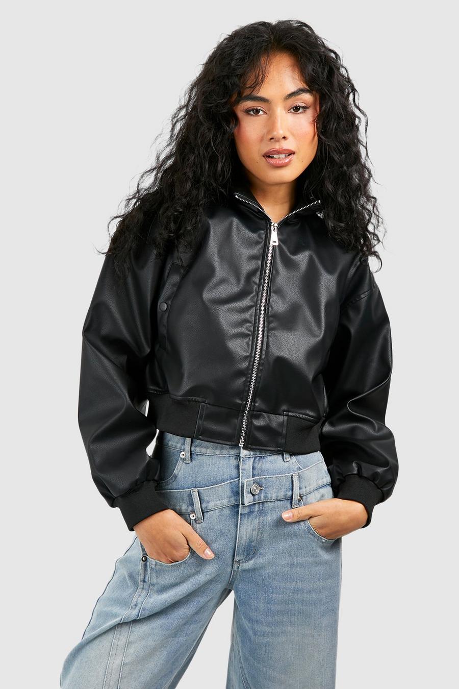 Black Cropped Faux Leather Zip Bomber Jacket 