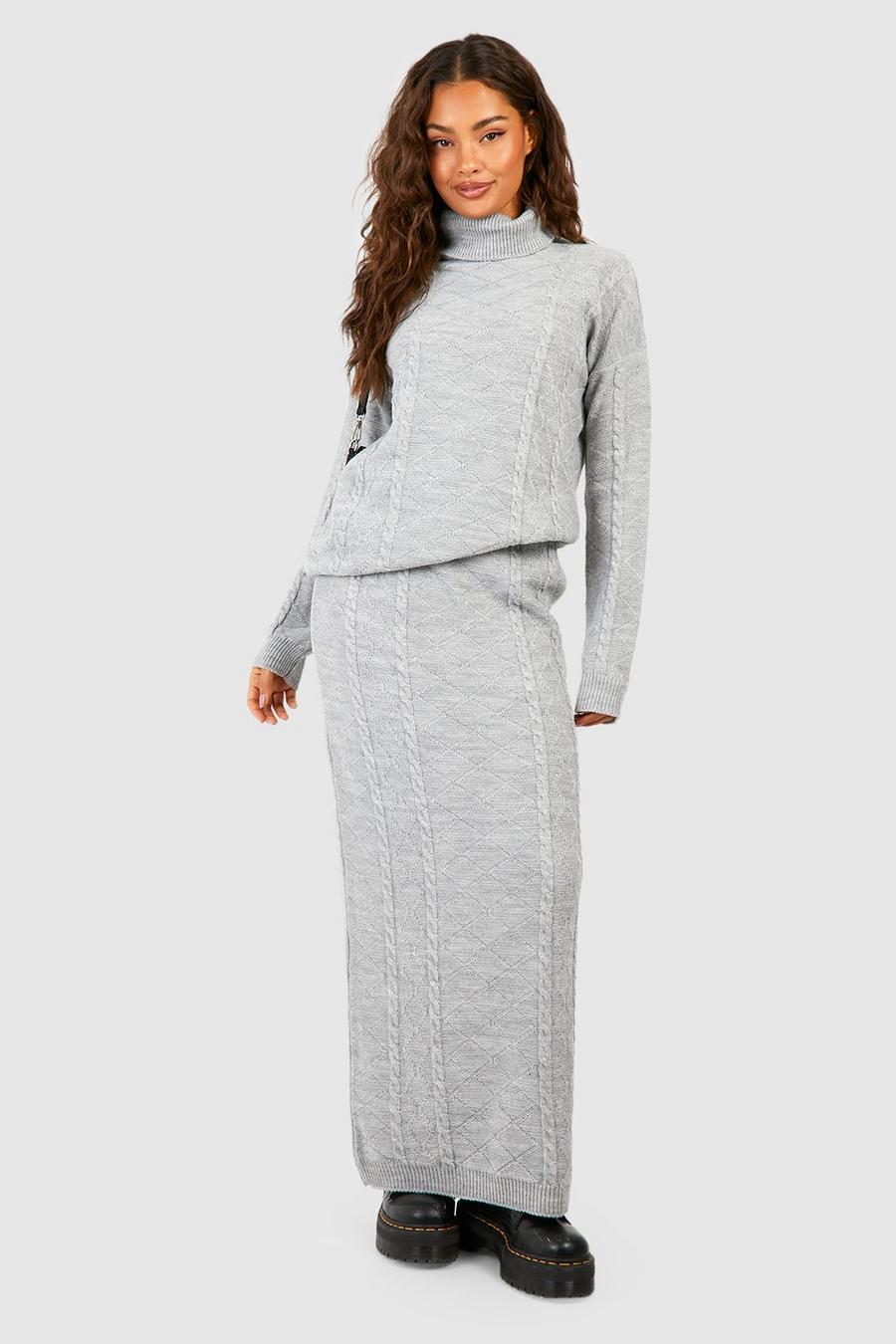 Silver Cable Roll Neck Jumper And Maxi Skirt Knitted Co-ord image number 1