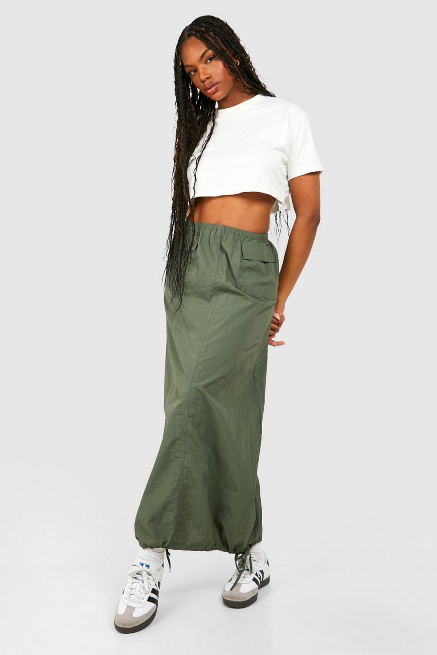 Khaki Tall Nylon Pocket Detail Midi Skirt image number 1