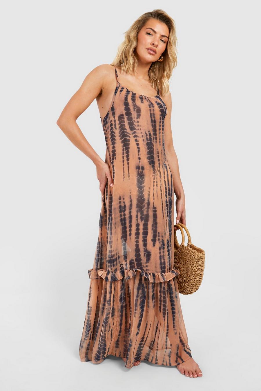 Brown Tie Dye Strappy Beach Maxi Dress