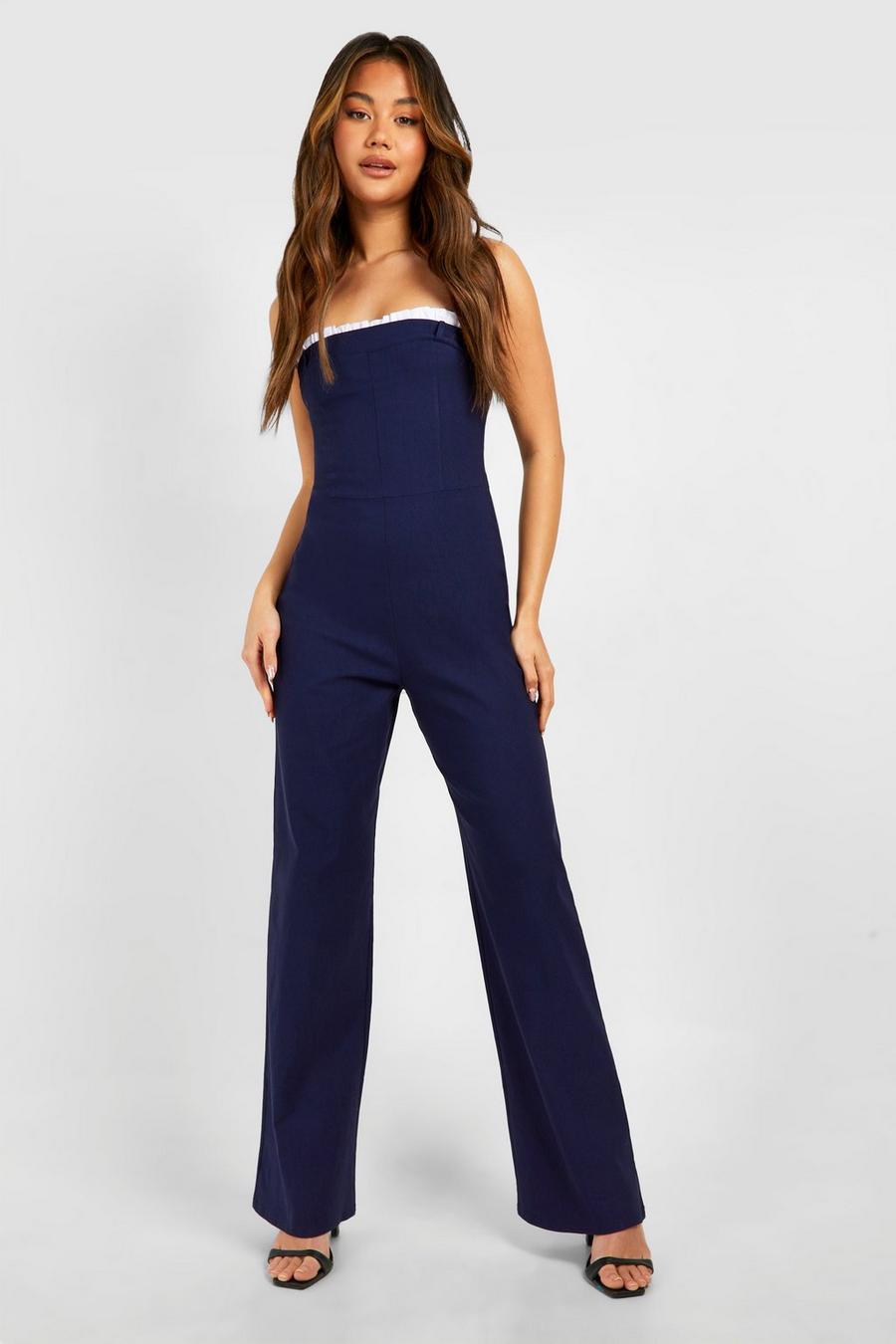 Navy Ruched Detail Strapless Jumpsuit 