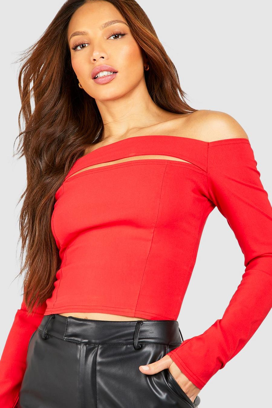 Red Tall Cut Out Bardot Top 
