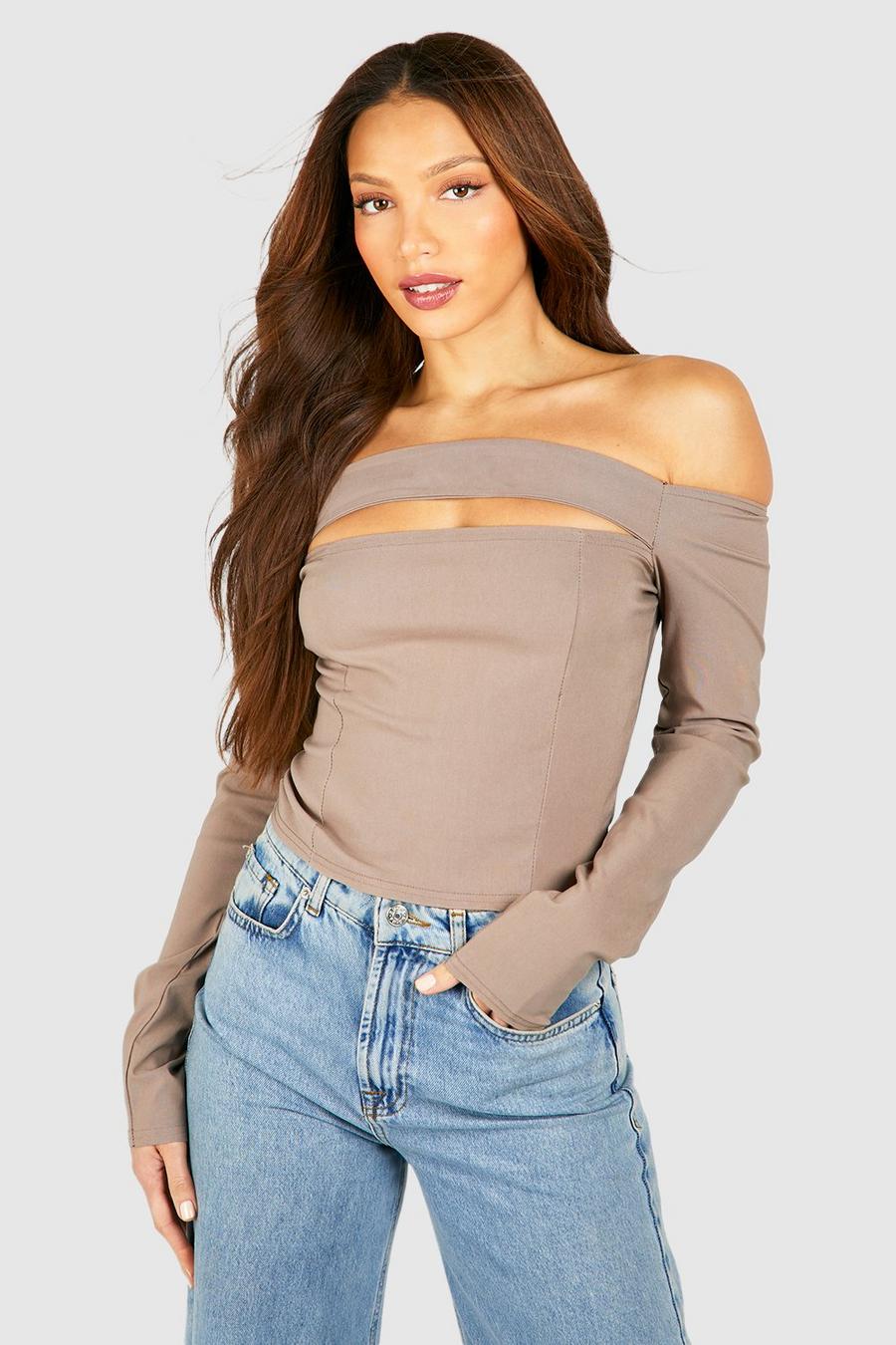 Taupe Tall Cut Out Off The Shoulder Top