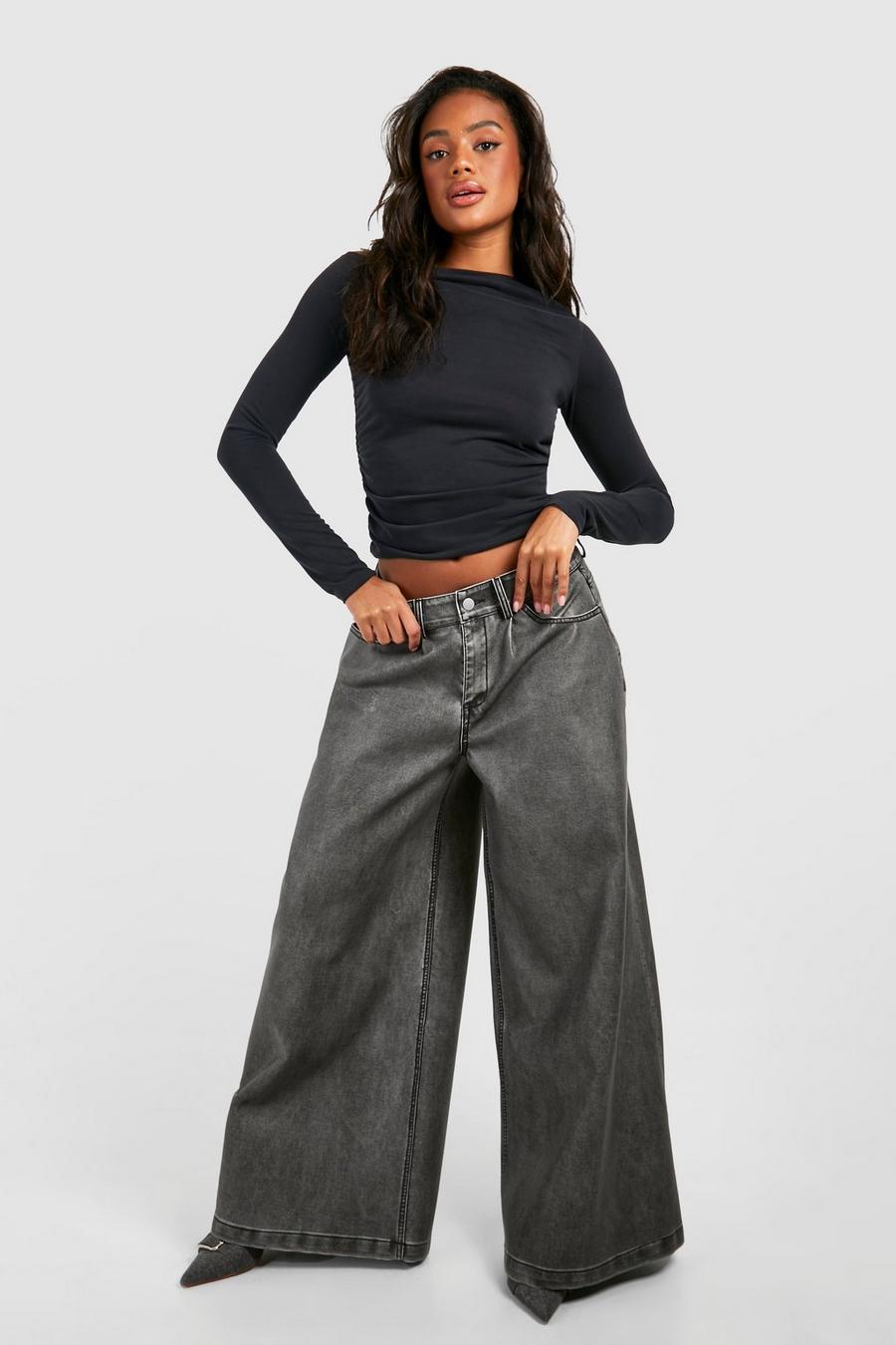 Grey Vintage Look Faux Leather Wide Leg Trouser  image number 1