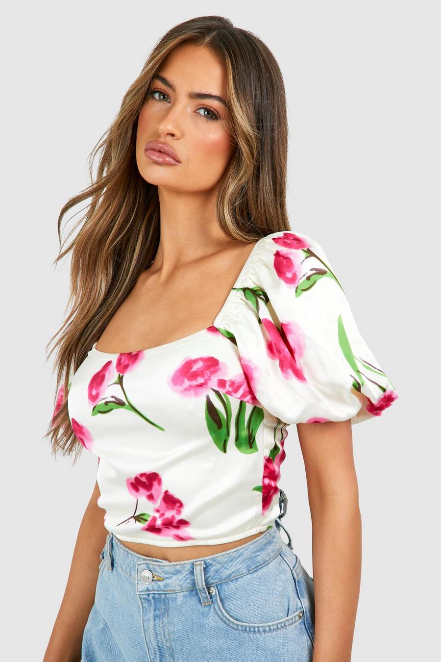 White Floral Printed Puff Sleeve Corset 