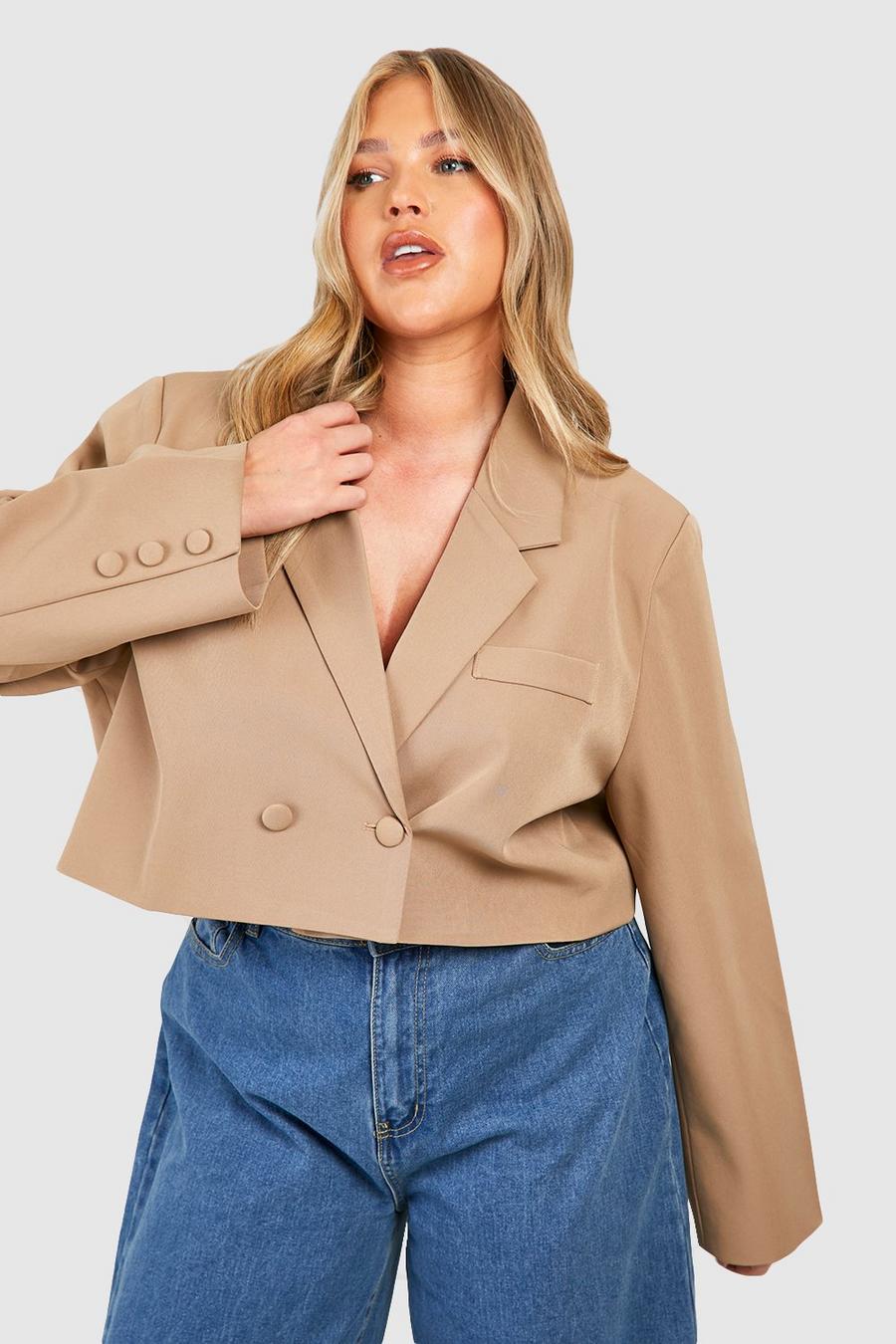 Taupe Plus Double Breasted Boxy Crop Blazer image number 1