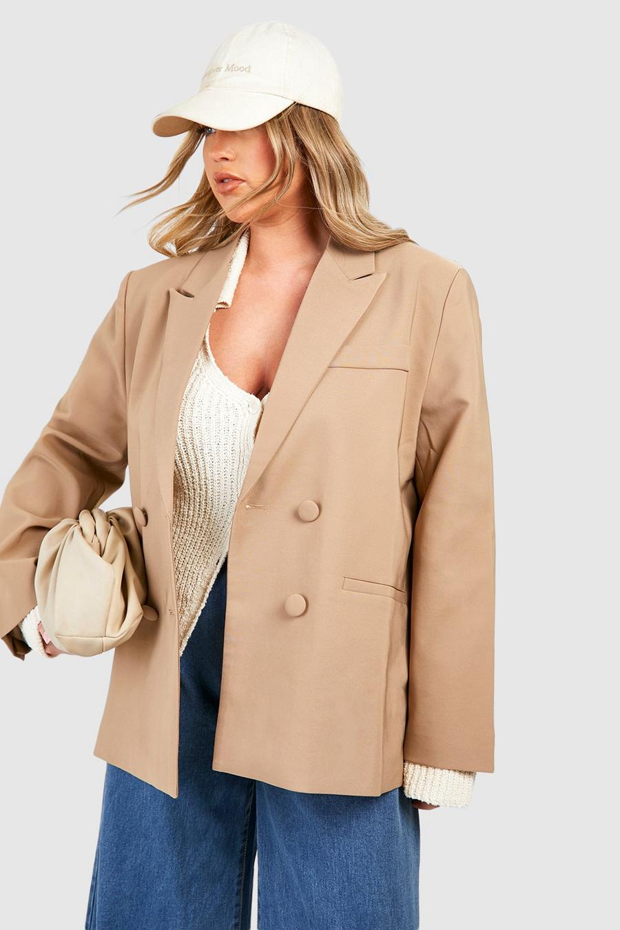 Taupe Plus Double Breasted Relaxed Fit Tailored Blazer