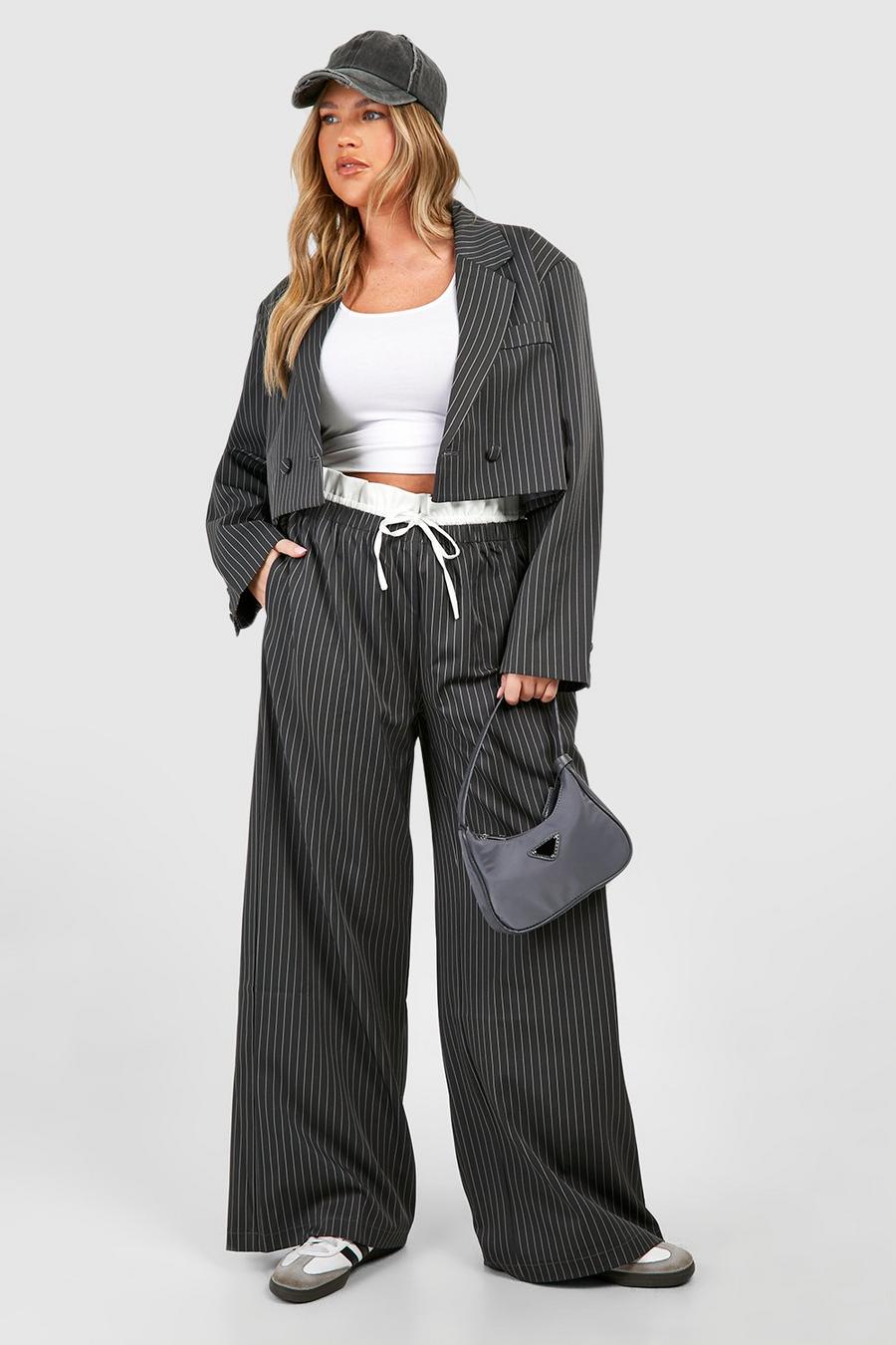 Charcoal Plus Pinstripe Boxer Waistband Drawstring Wide Leg Trousers image number 1