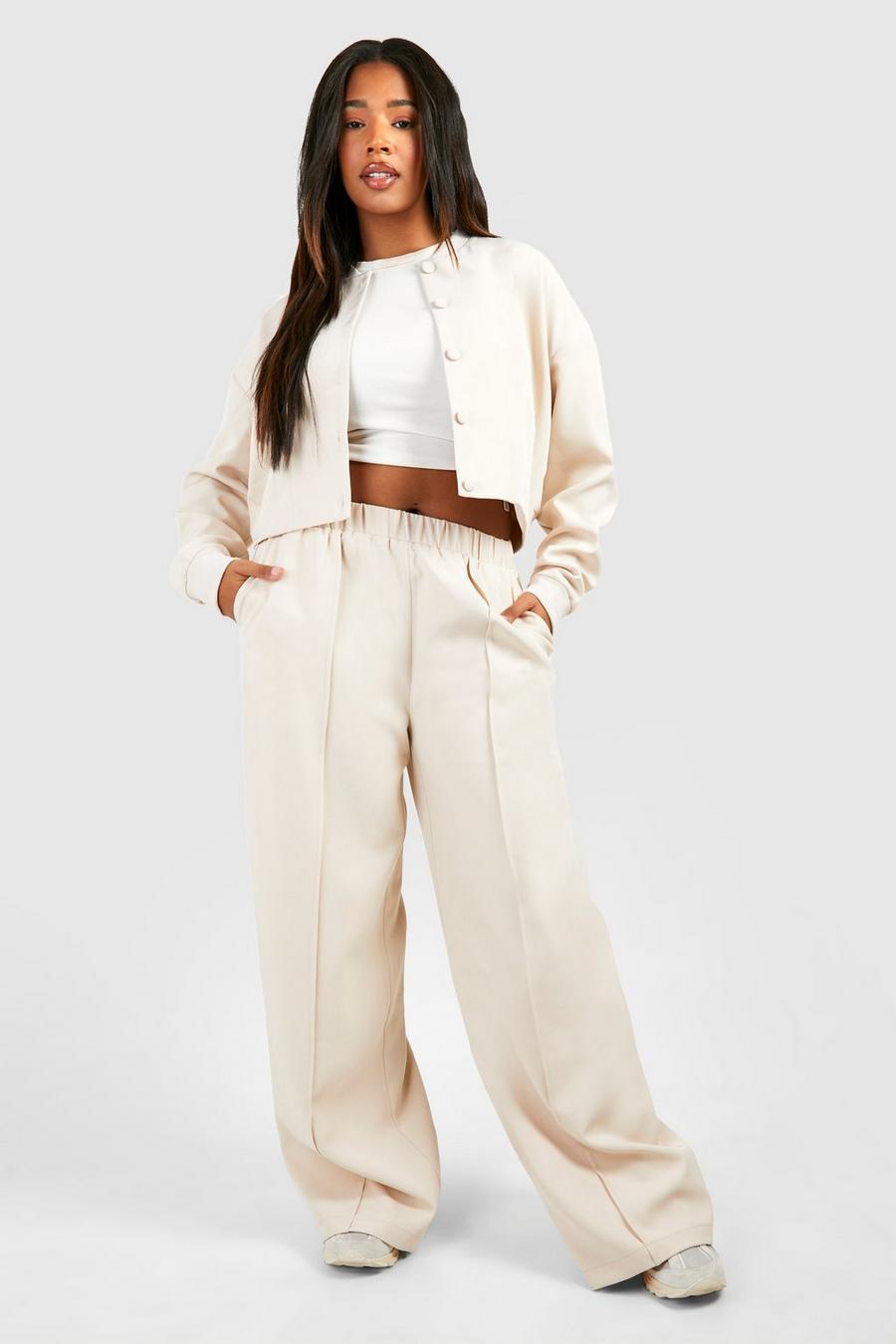Ecru Plus Tailored Seam Front Slouchy Wide Leg Trousers